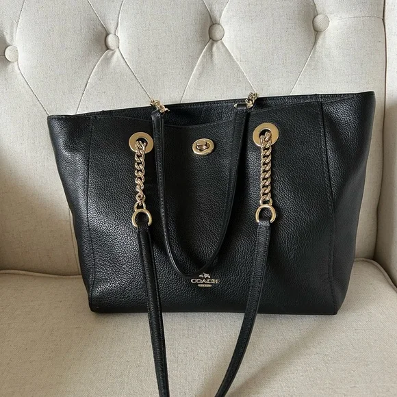 Coach Black Pebbled Leather Tote with Chain Straps - Picture 3 of 12